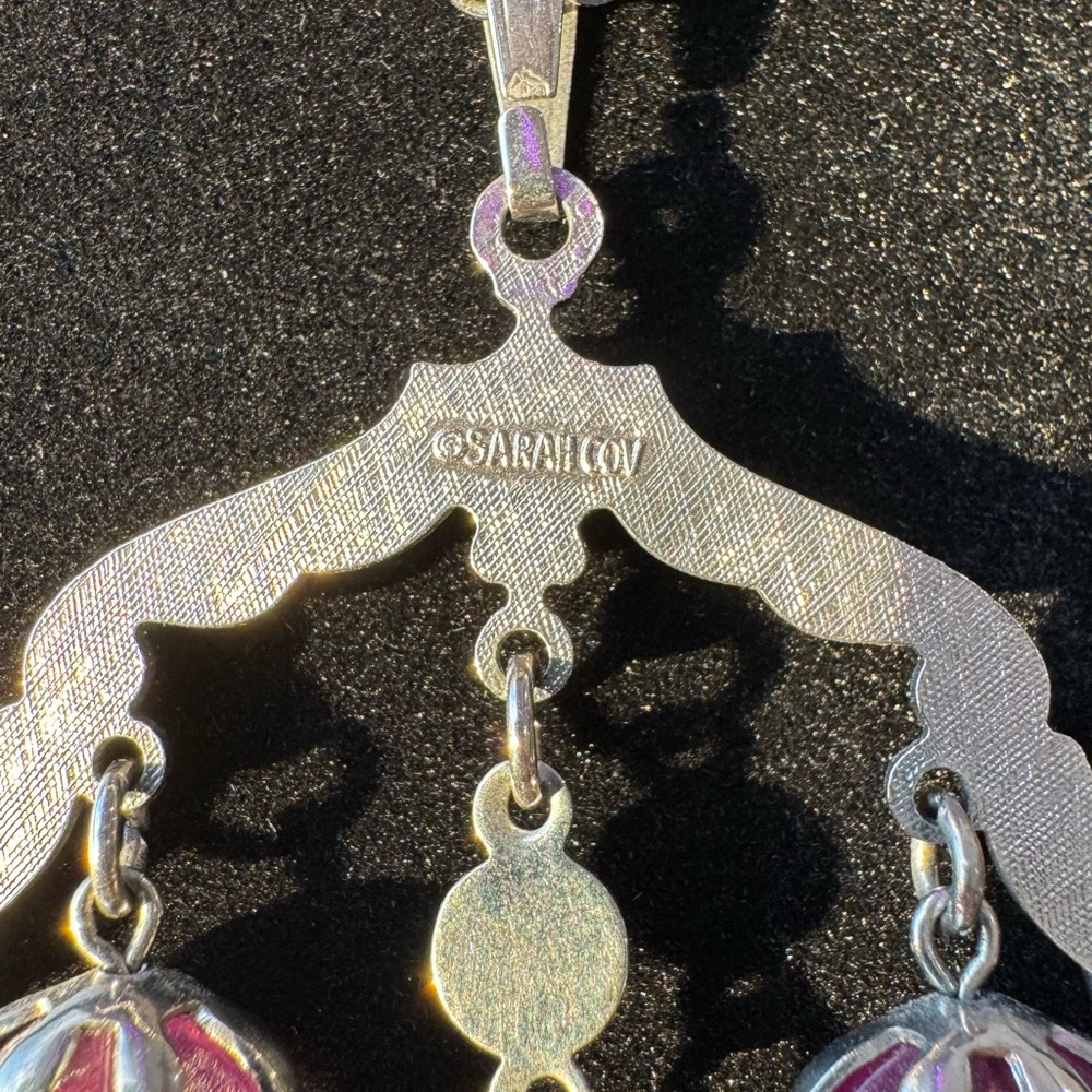 Sarah Coventry 70s Wisteria Silver Tone Necklace Waterfall Pendant Violet Beads - Picture 2 of 6